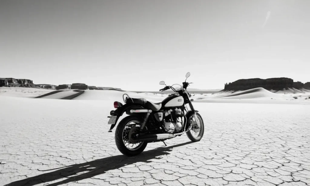 A black and white photograph capturing a solitary motorcycle amidst a barren desert landscape, symbolizing the journey of faith, freedom, and self-discovery.
