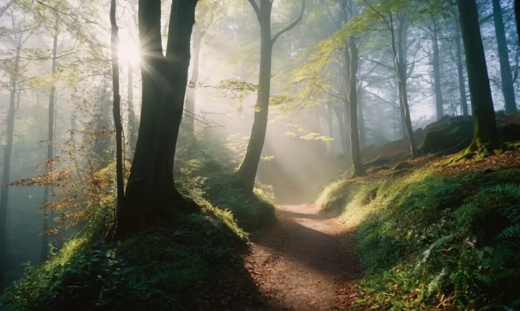 A mist-shrouded forest path, bathed in ethereal light, leads to a door floating in mid-air. A sense of déjà rêvé permeates the image, evoking a spiritual journey into the realm of dreams.