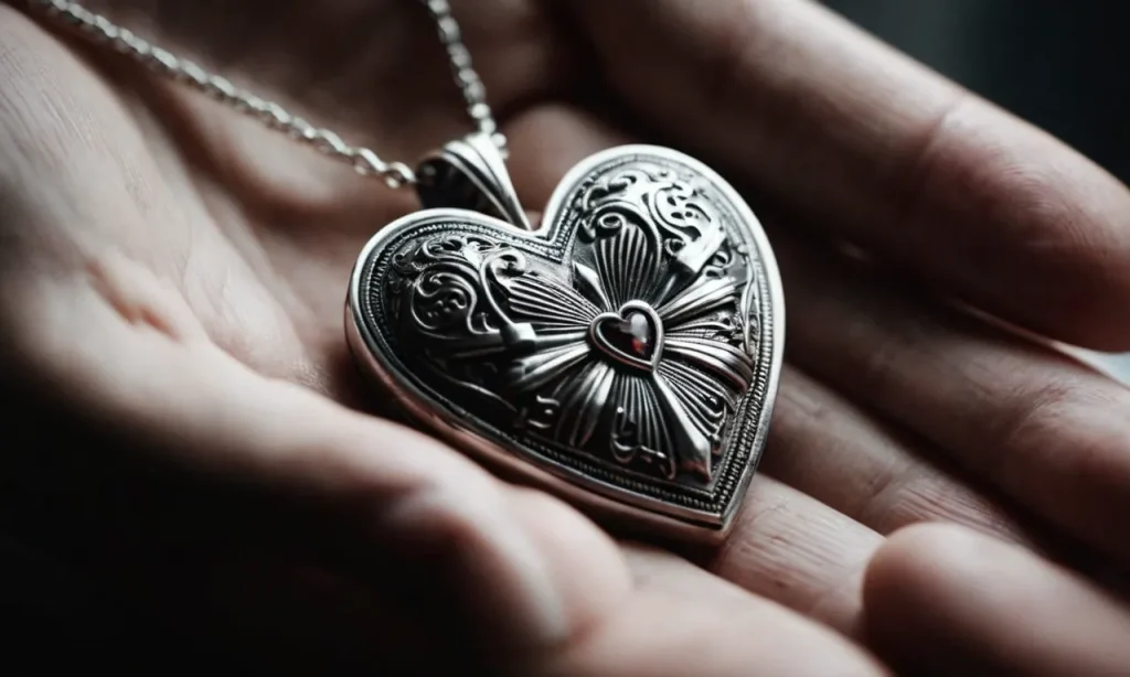 A close-up black and white image captures trembling hands clutching a fragile heart-shaped pendant, symbolizing the intense struggle and vulnerability experienced during a panic attack from a spiritual perspective.