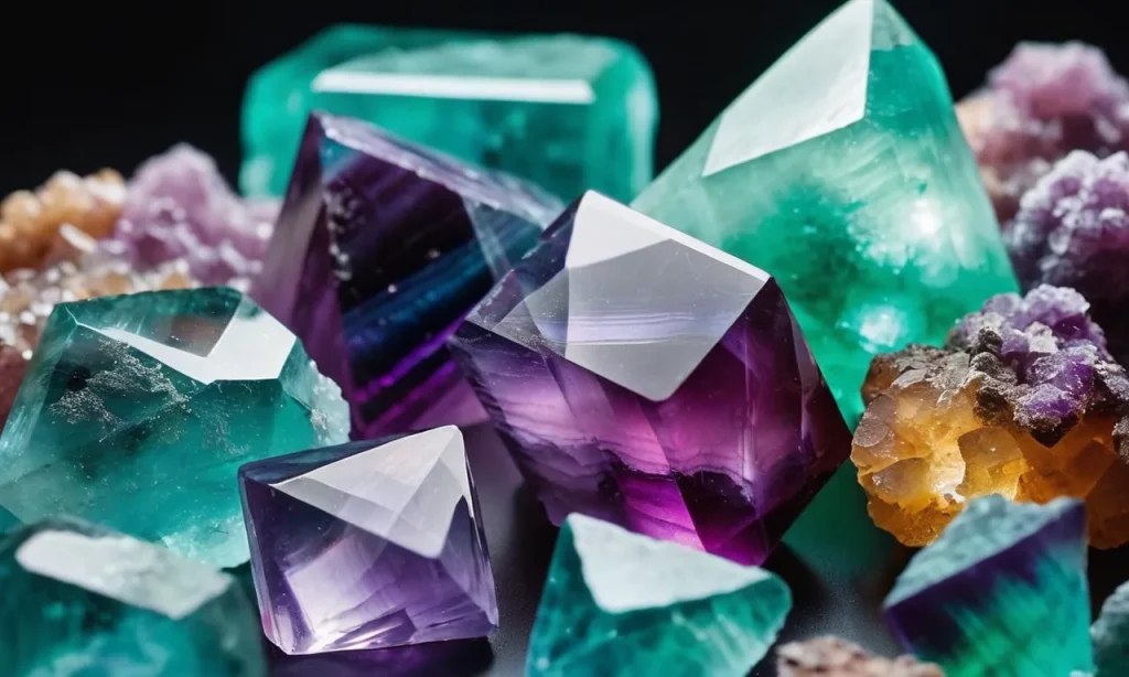 A mesmerizing photograph capturing a cluster of rainbow fluorite crystals, radiating vibrant hues, symbolizing spiritual growth, clarity, and protection.
