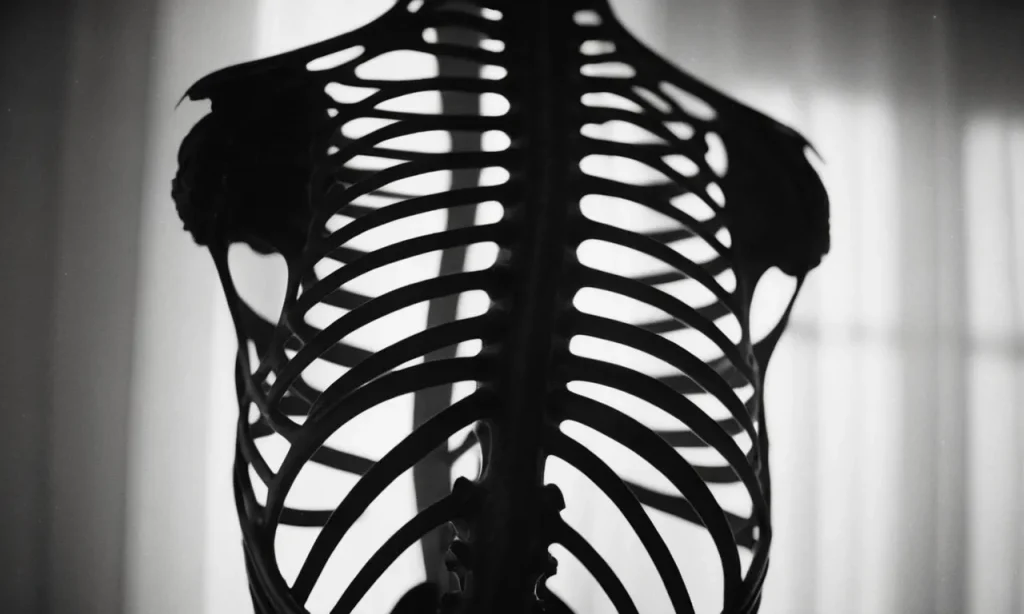 A black and white close-up photo captures the delicate silhouette of a ribcage, bathed in ethereal light, symbolizing the spiritual essence and inner strength hidden beneath the surface.