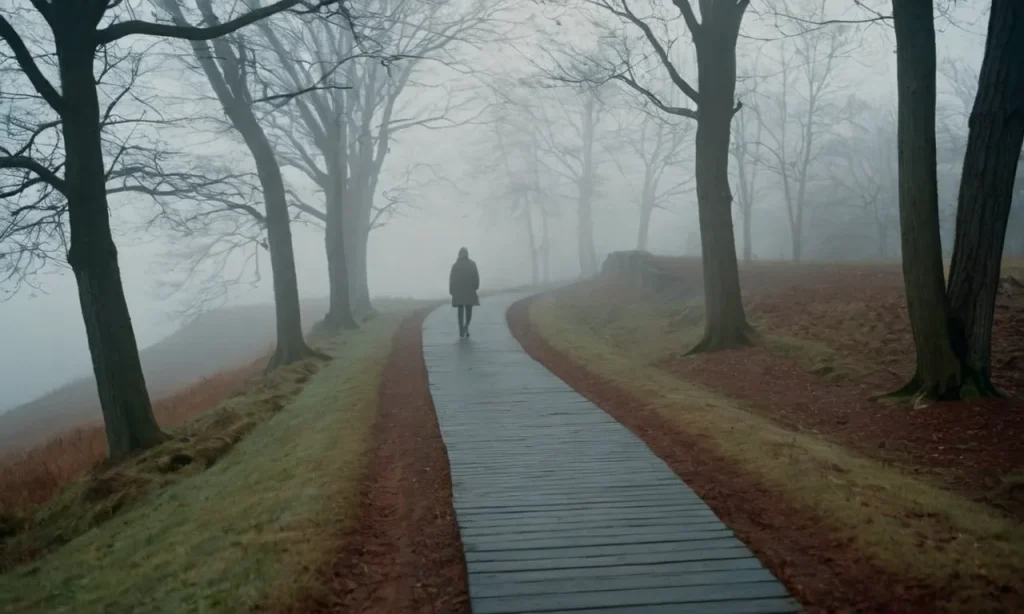 A monochromatic image capturing a solitary figure, walking backwards on a misty path, symbolizing introspection, letting go of the past, and embracing personal growth on a spiritual journey.