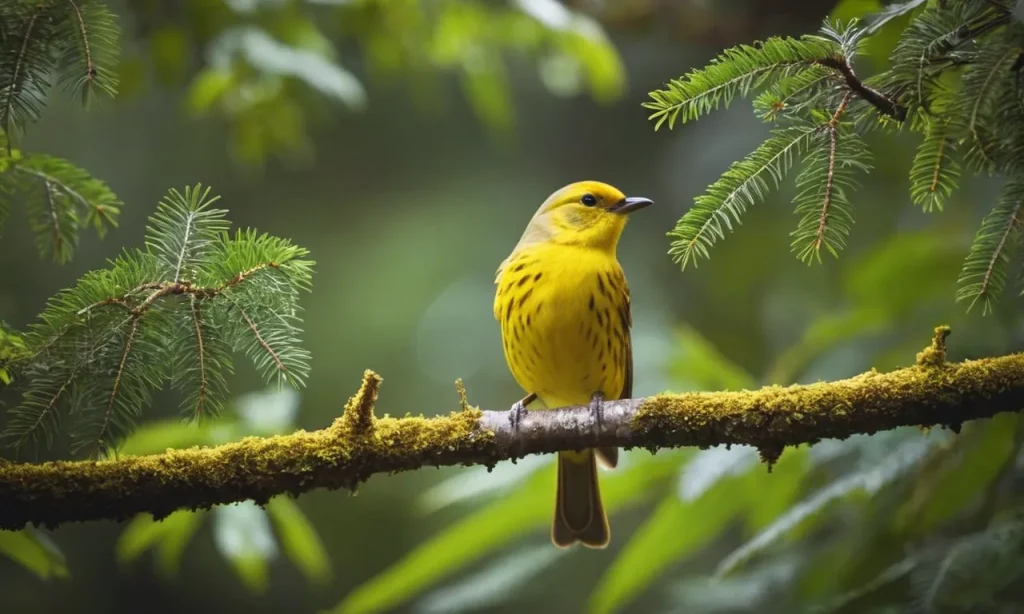 A vibrant yellow bird, perched on a branch amidst a serene forest, symbolizes spiritual enlightenment and the presence of divine guidance.